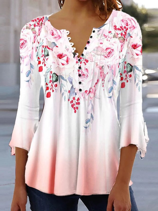 Regular Fit V Neck Floral Casual Top