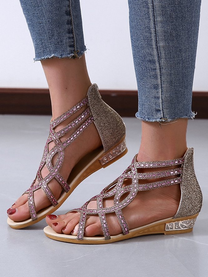Cut-Out Rhinestone Glett Dress Sandals with Back Zip