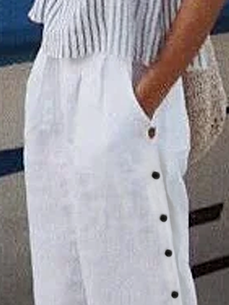 Buttoned Linen Loose Plain Pants