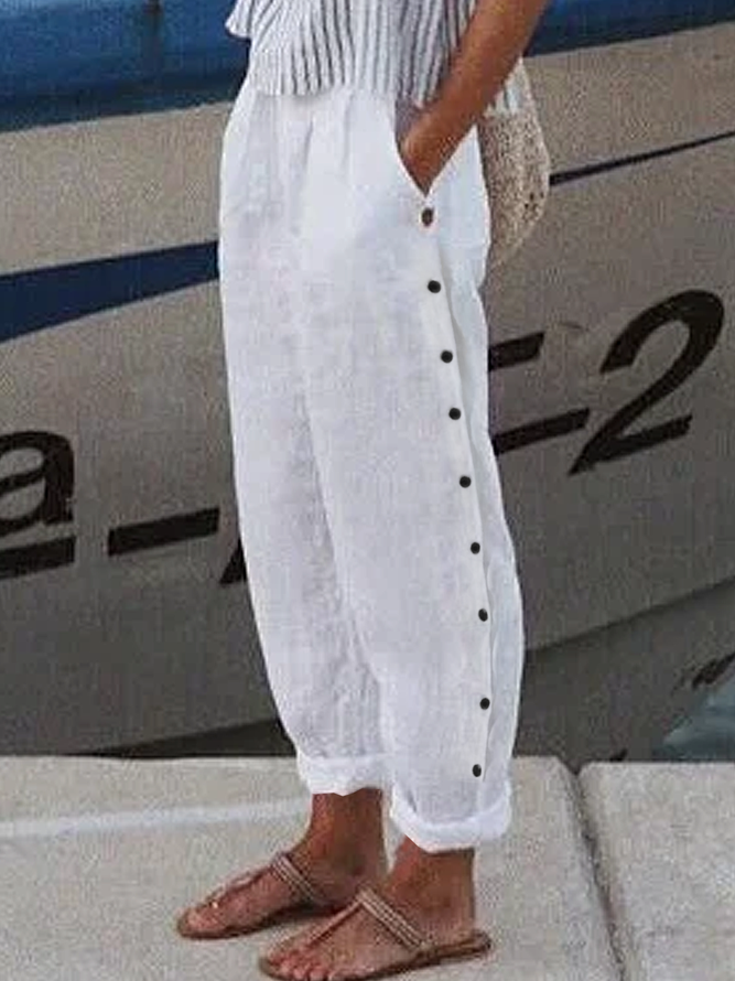 Buttoned Linen Loose Plain Pants