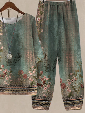 Loose Buttoned Boho Floral Two-Piece Set