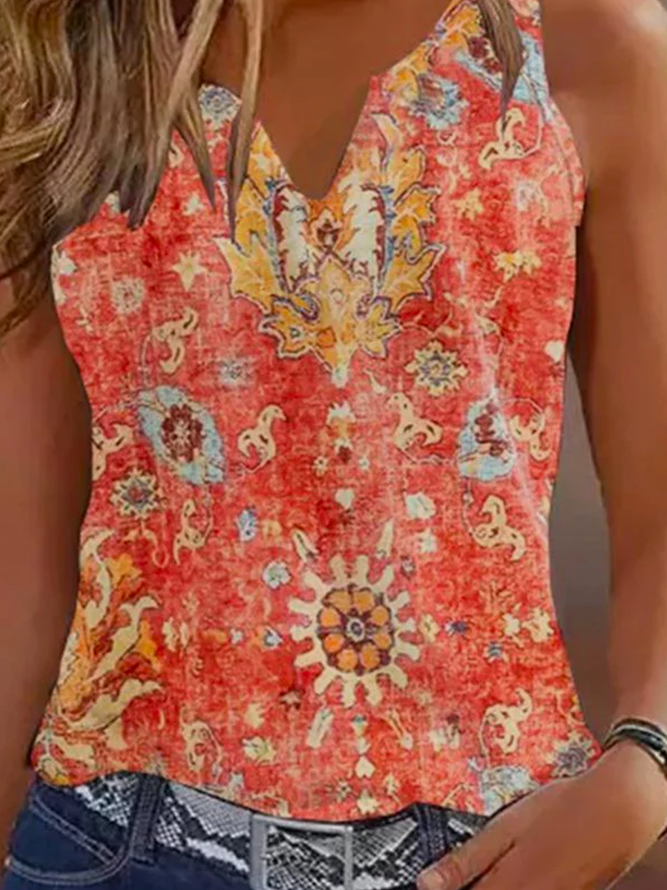 Vacation Ethnic V Neck Loose Tank Top
