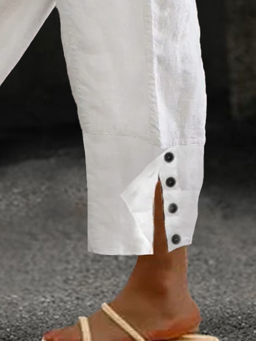Loose Buttoned Cotton And Linen Linen Pants