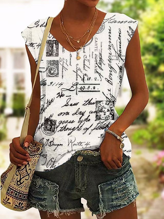 Loose Casual Text Letters V Neck Tank Top