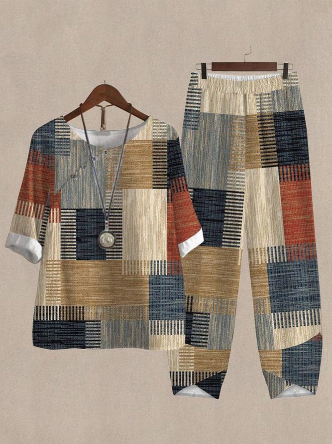 Loose Casual Geometric V Neck Two-Piece Set