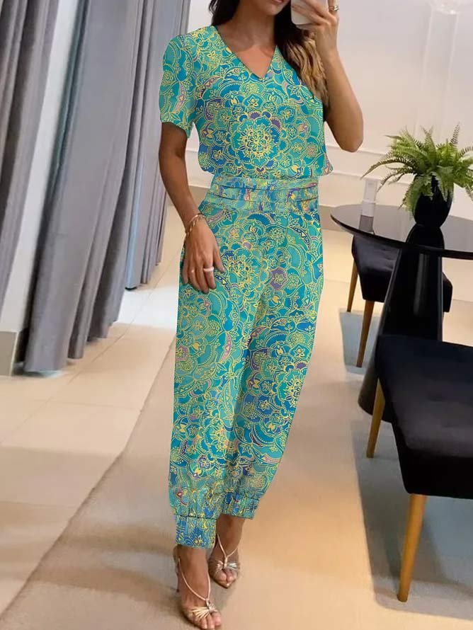 Ethnic V Neck Jersey Boho Two-Piece Set