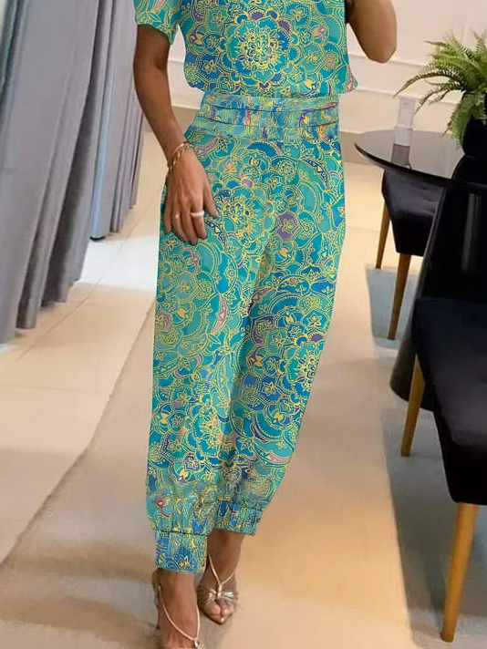 Ethnic V Neck Jersey Boho Two-Piece Set