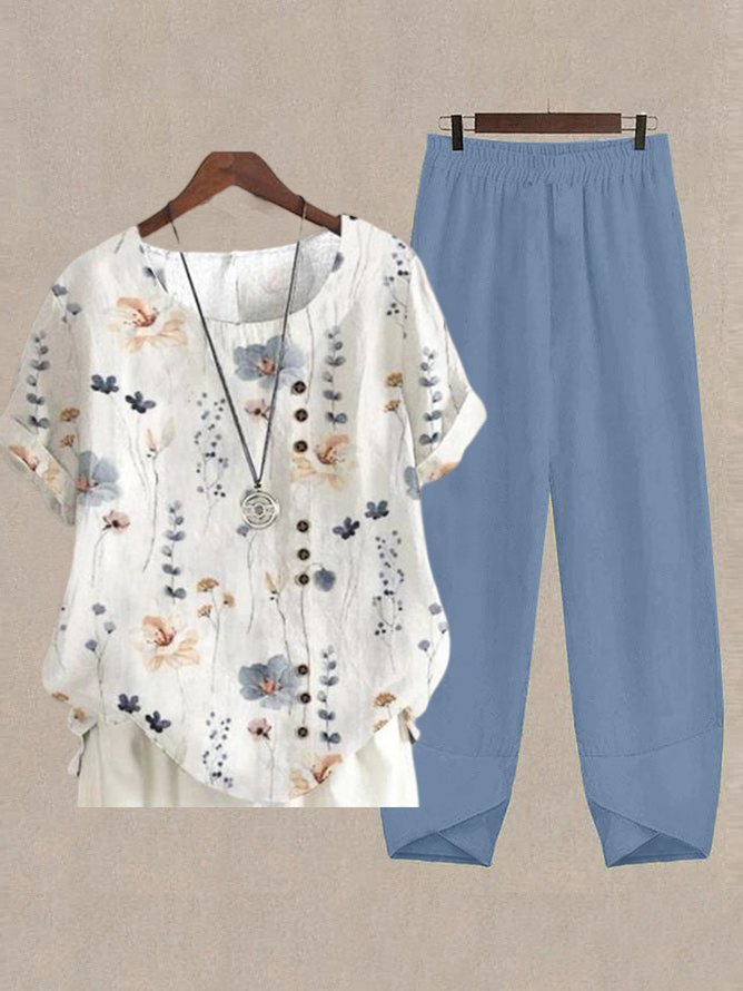 Country Floral Casual Cotton Top & Cotton Pants Two-Piece Set
