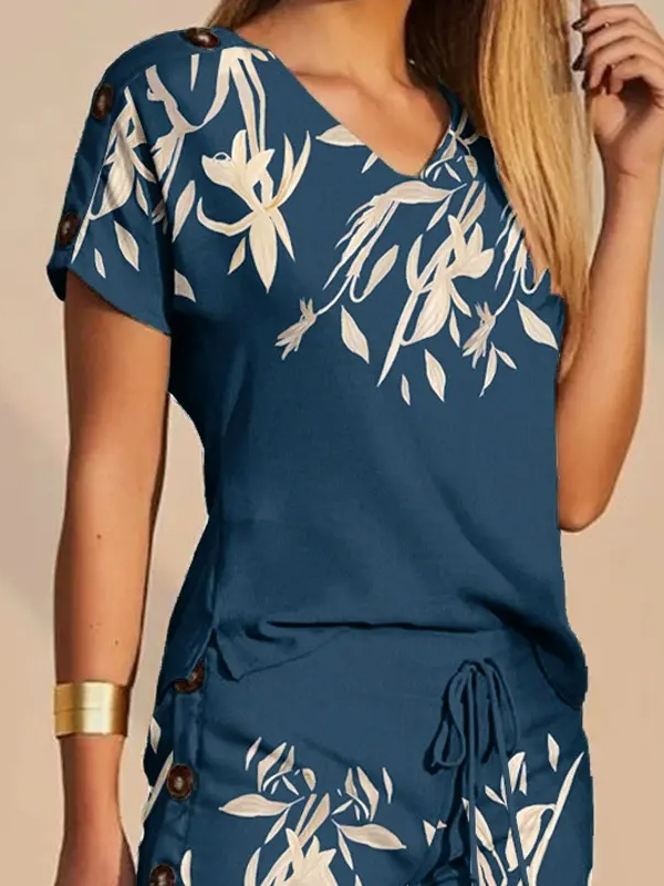 Floral Loose Casual V Neck Two-Piece Set