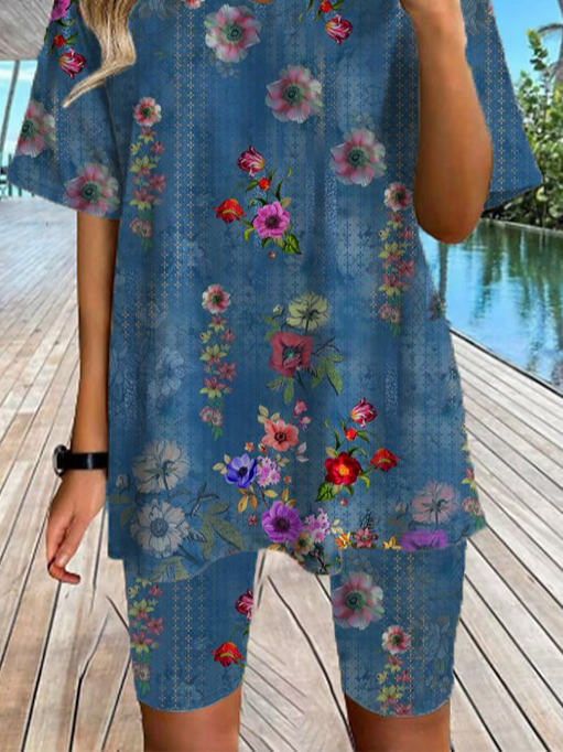 Casual Loose V Neck Floral Two-Piece Set