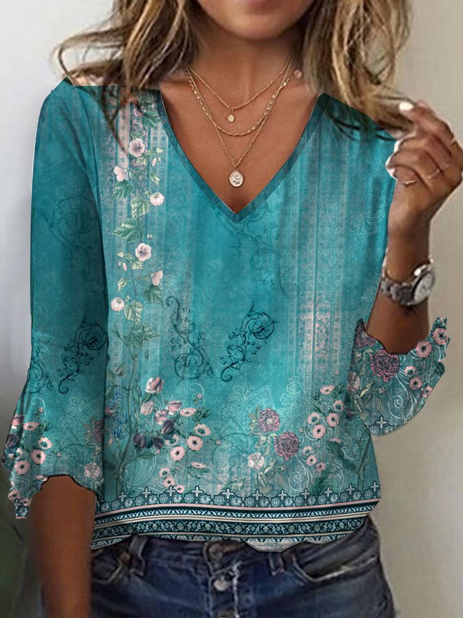 Ethnic Knitted Flare Sleeve Casual Shirt