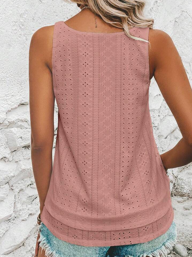 Loose Geometric Elegant Crew Neck Solid Eyelet Embroidery Tank Top