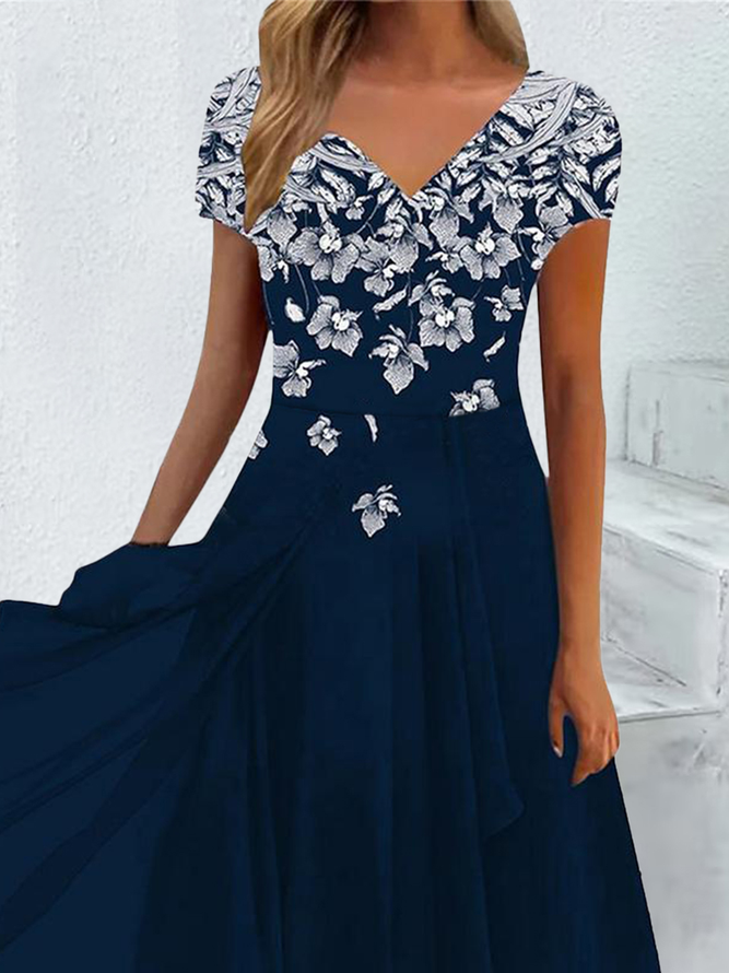Regular Fit Floral Elegant V Neck Dress