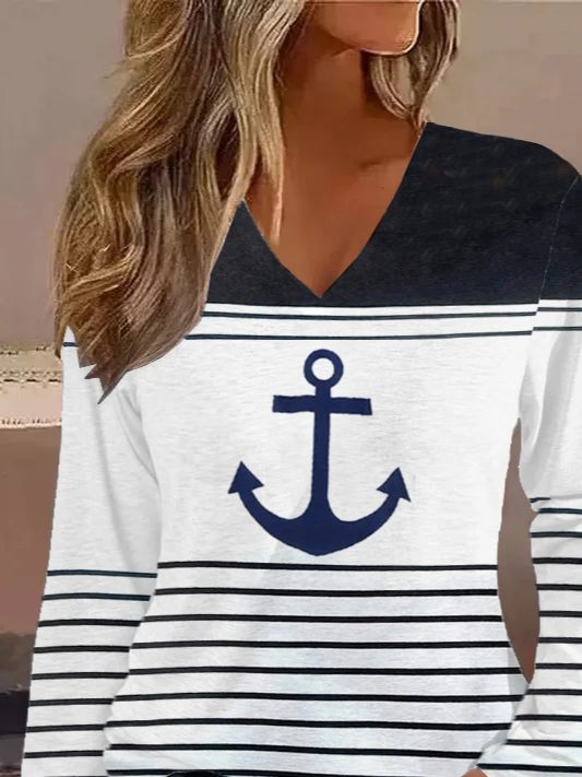 Loose Striped Anchor Casual V Neck T-Shirt