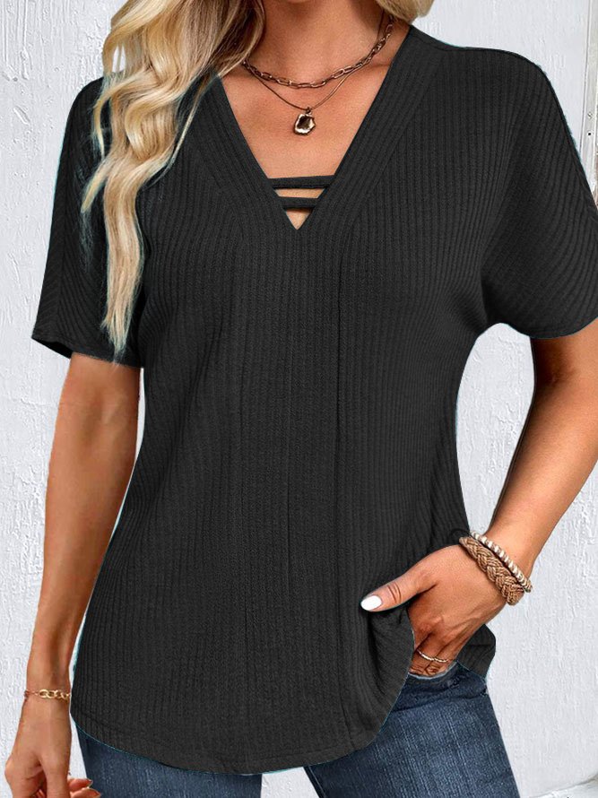 Casual V Neck Loose Plain Shirt