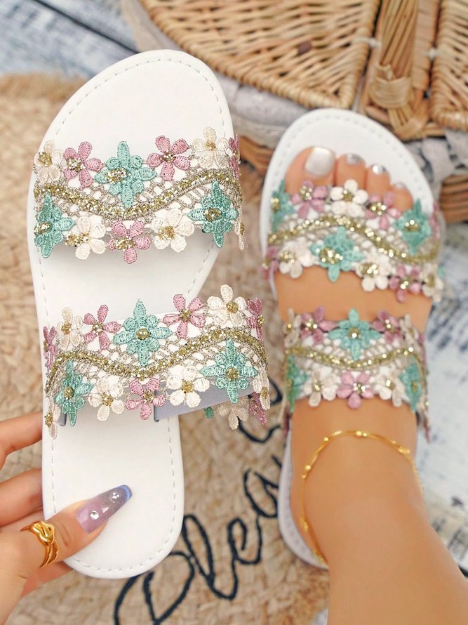 Vacation Floral Beaded Beach Slide Sandals