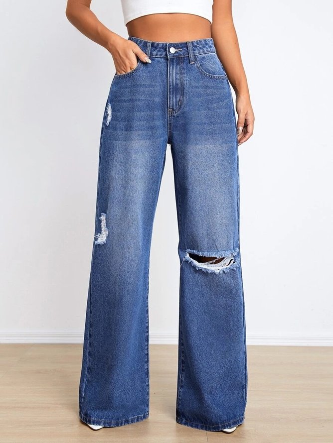 Women Urban Casual Wide Leg Denim Distressed Ripped Jeans Fashion Clothing