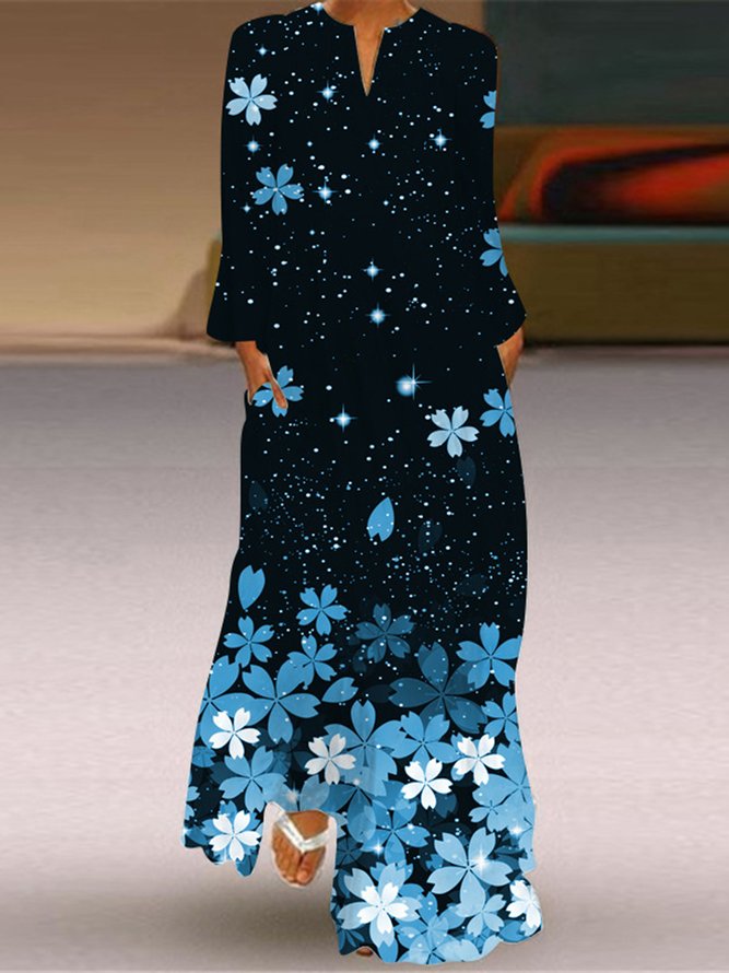 Casual Floral V Neck Regular Fit Dress With No