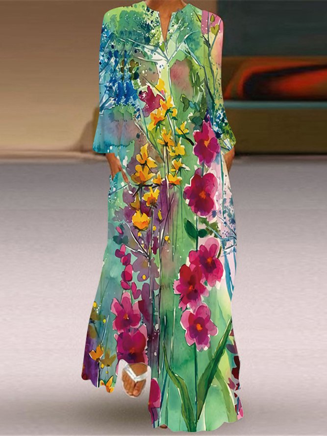 Casual Floral V Neck Regular Fit Dress With No