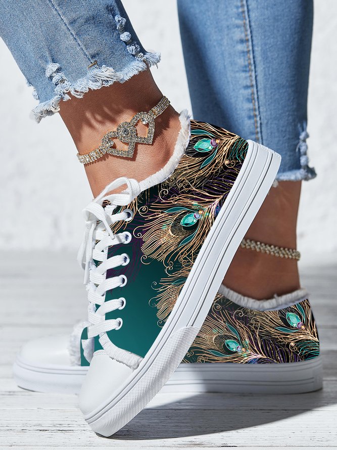 Casual Peacock Feather Print Ombre Raw Hem Lace-Up Canvas Shoes