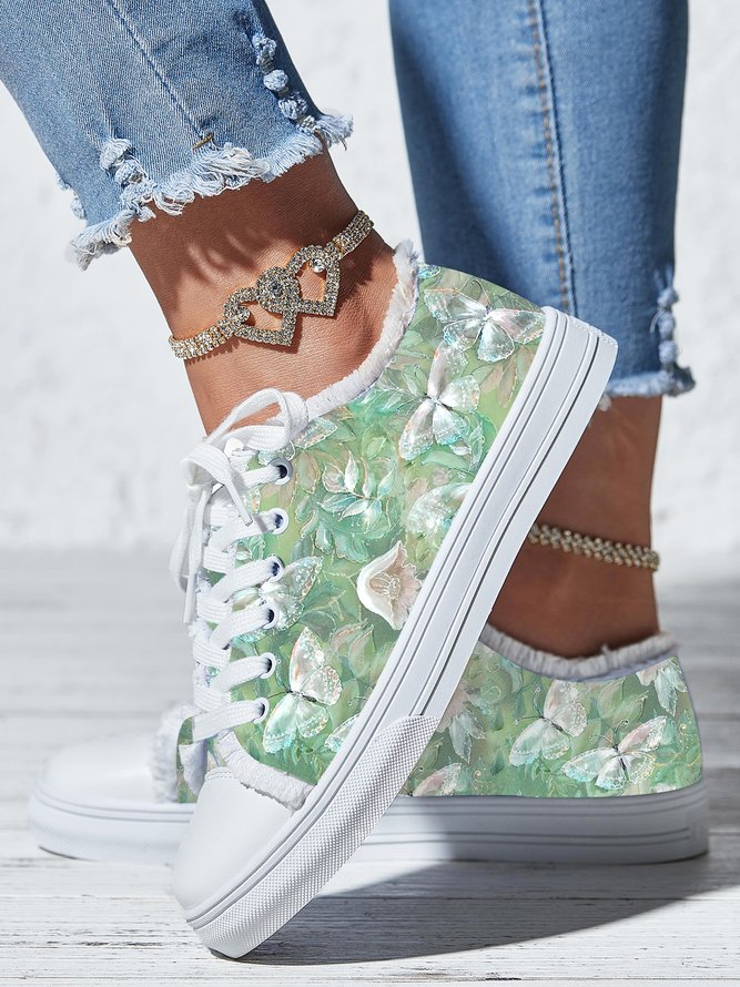 Green Butterfly Plants Print Raw Hem Lace-Up Canvas Shoes