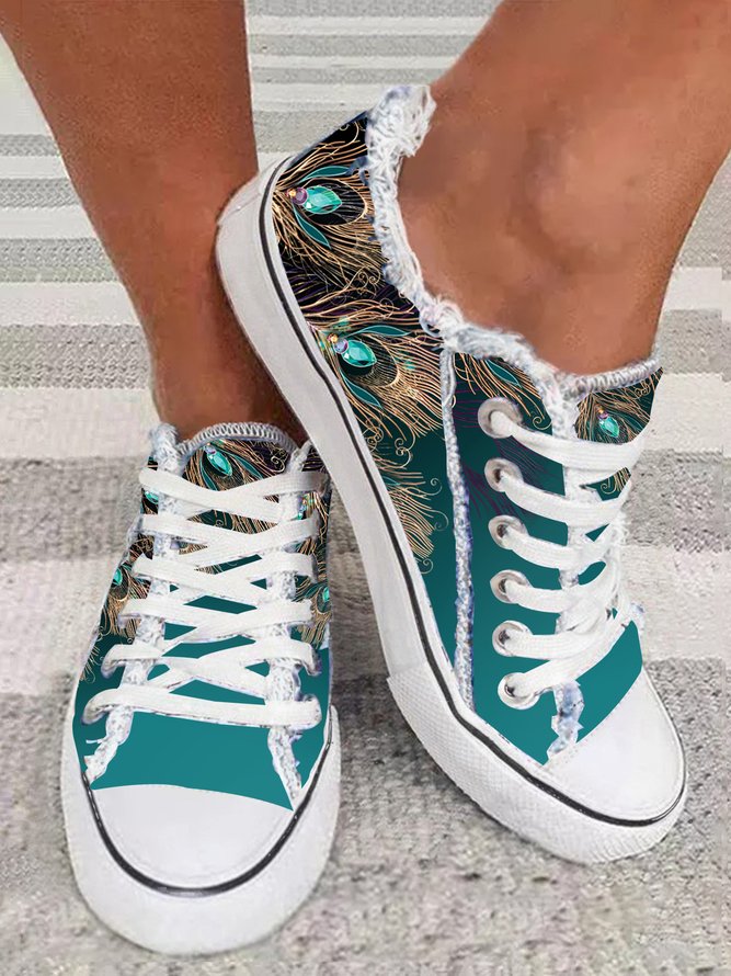 Casual Peacock Feather Print Ombre Raw Hem Lace-Up Canvas Shoes