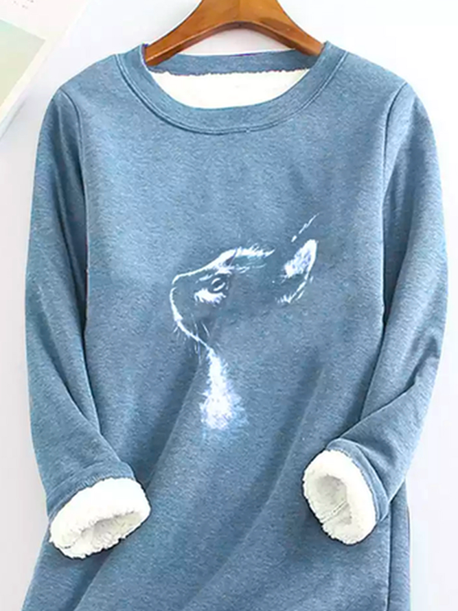 Crew Neck Casual Cat Fleece Sweatshirt