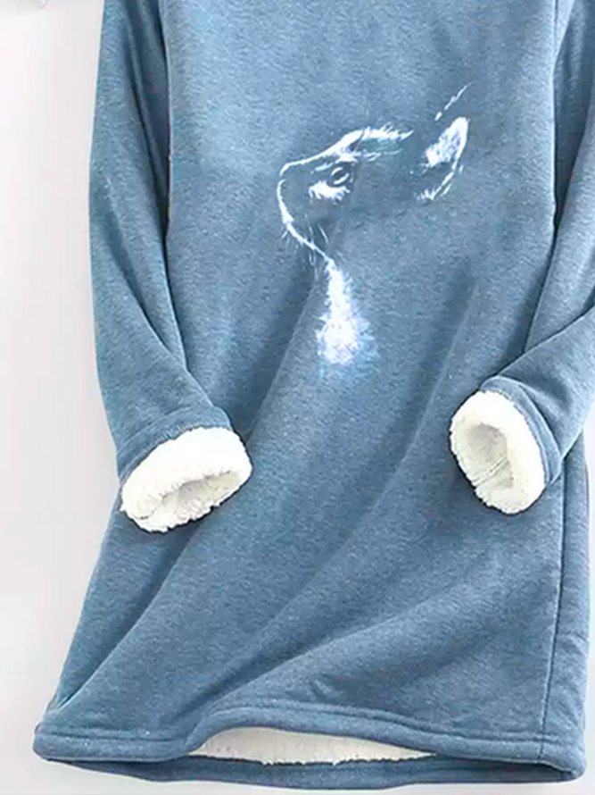 Crew Neck Casual Cat Fleece Sweatshirt