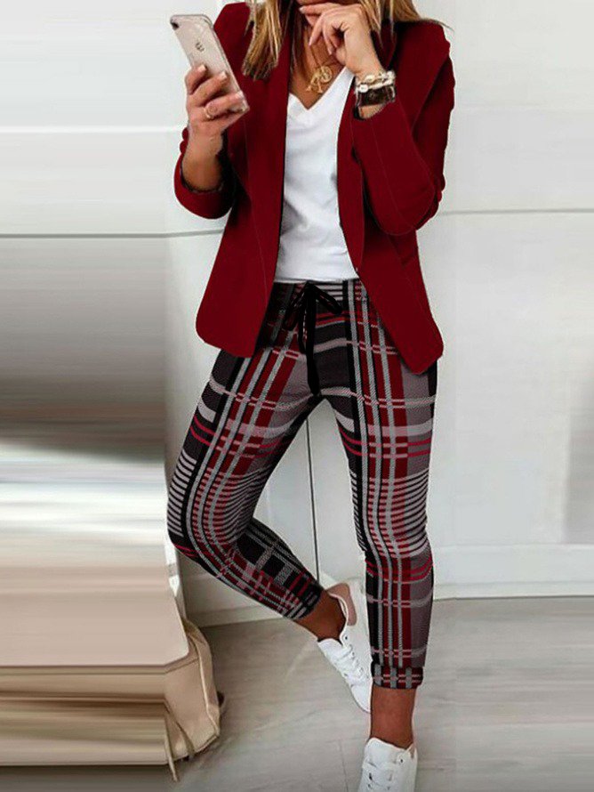 Casual Plaid Shawl Collar Regular Fit Two-Piece Set