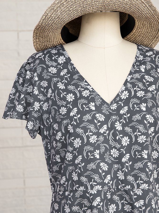 Polyester Fibre V Neck Floral Floral Dresses