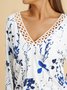 Women Casual Floral Autumn V neck Daily Long sleeve Regular Medium Elasticity Regular Size T-shirt