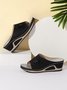 Wedge Heel Pu Leather Sandals & Slippers