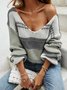 Loose V Neck Cotton-Blend Striped Sweaters