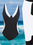 Vacation Color Block Split Joint V Neck One Piece With Cover Up