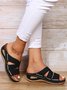 Vintage Hollow Out Stitch Wedge Heel Slide Sandals