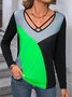 V Neck Loose Color Block Casual T-Shirt