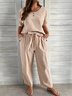 Plain Casual Crew Neck Cotton Two-Piece Set
